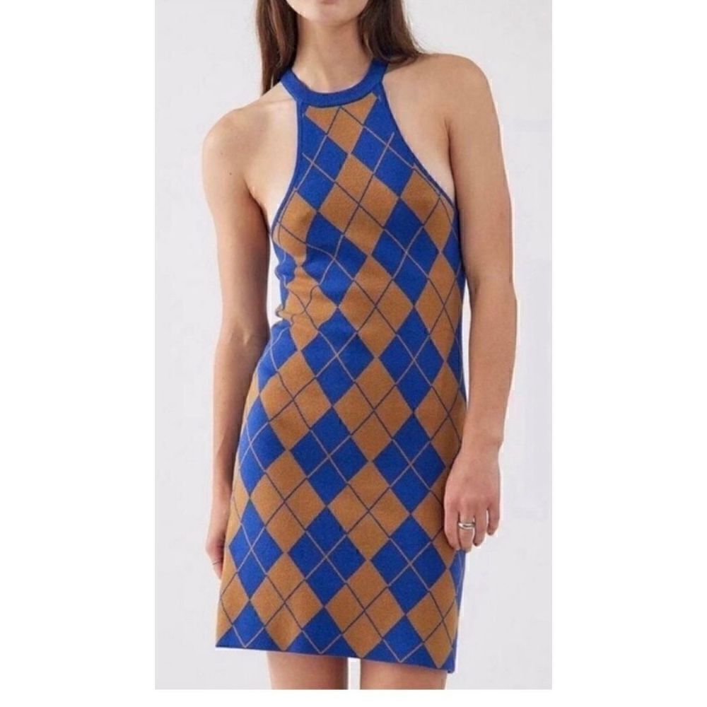 Urban‎ Outfitters Charlie Blue /Gold Argyle Racerback Mini Dress XS Indie Sleaze